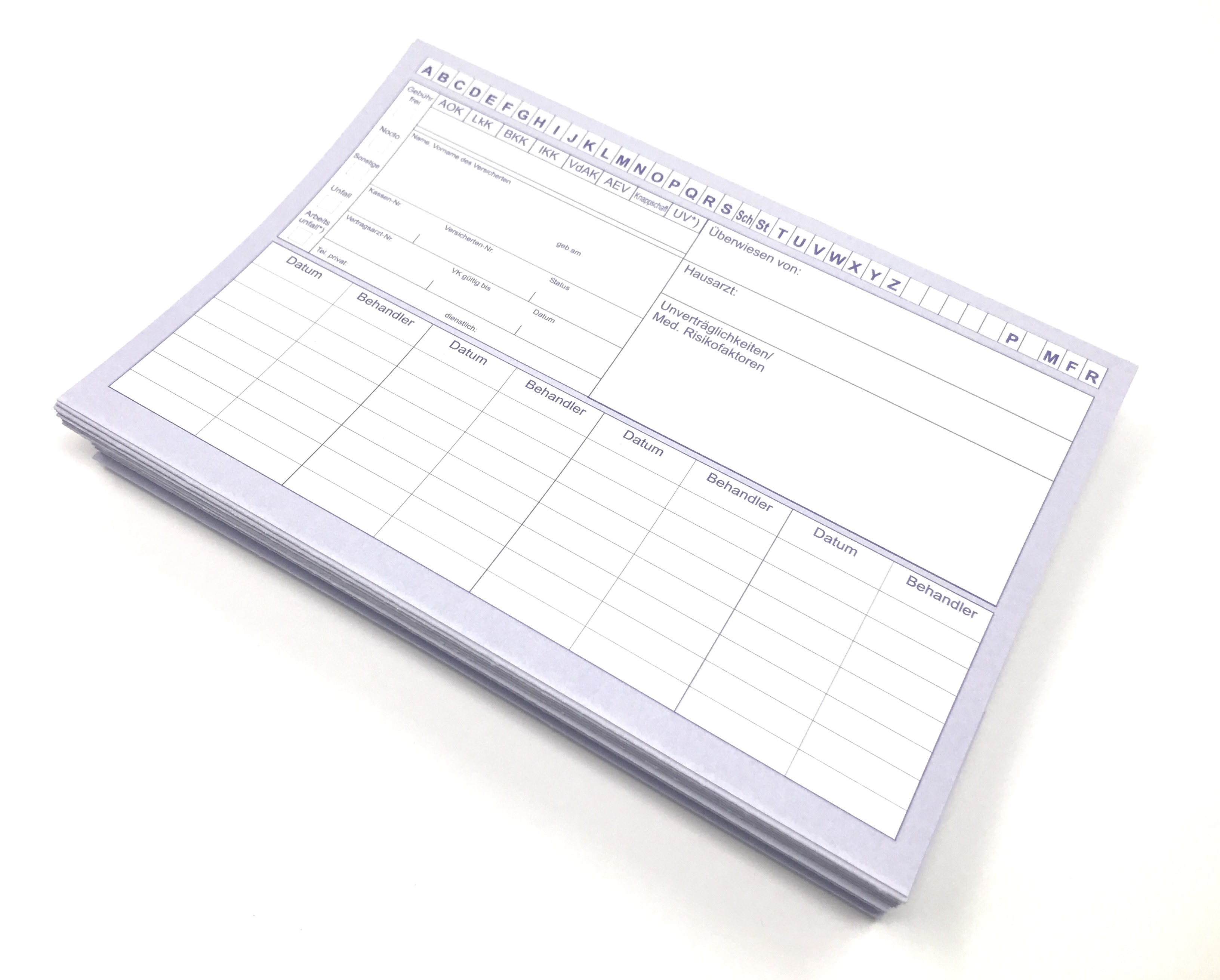 250 St. Patientenkarteikarten (170g/m2) + Karteikasten + Karteiregister SET