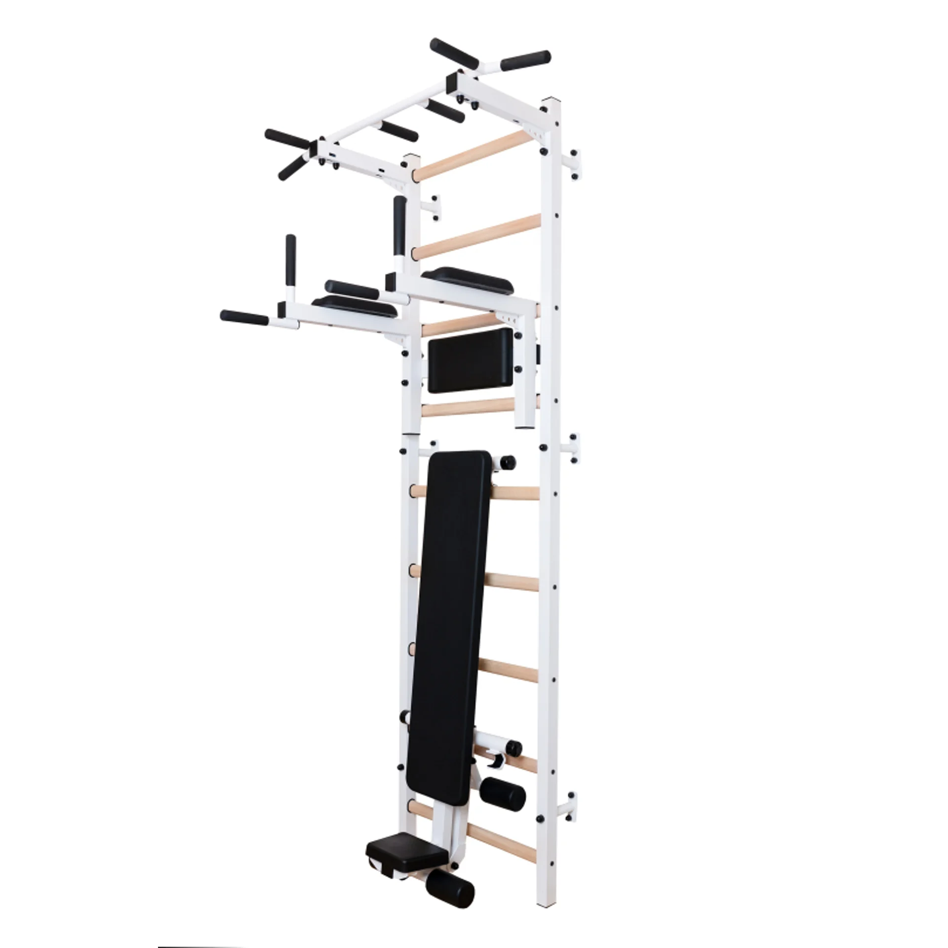 BenchK® Sprossenwand 723 mit Klimmzugstange, Dip-Bügel & Trainingsbank - Weiß