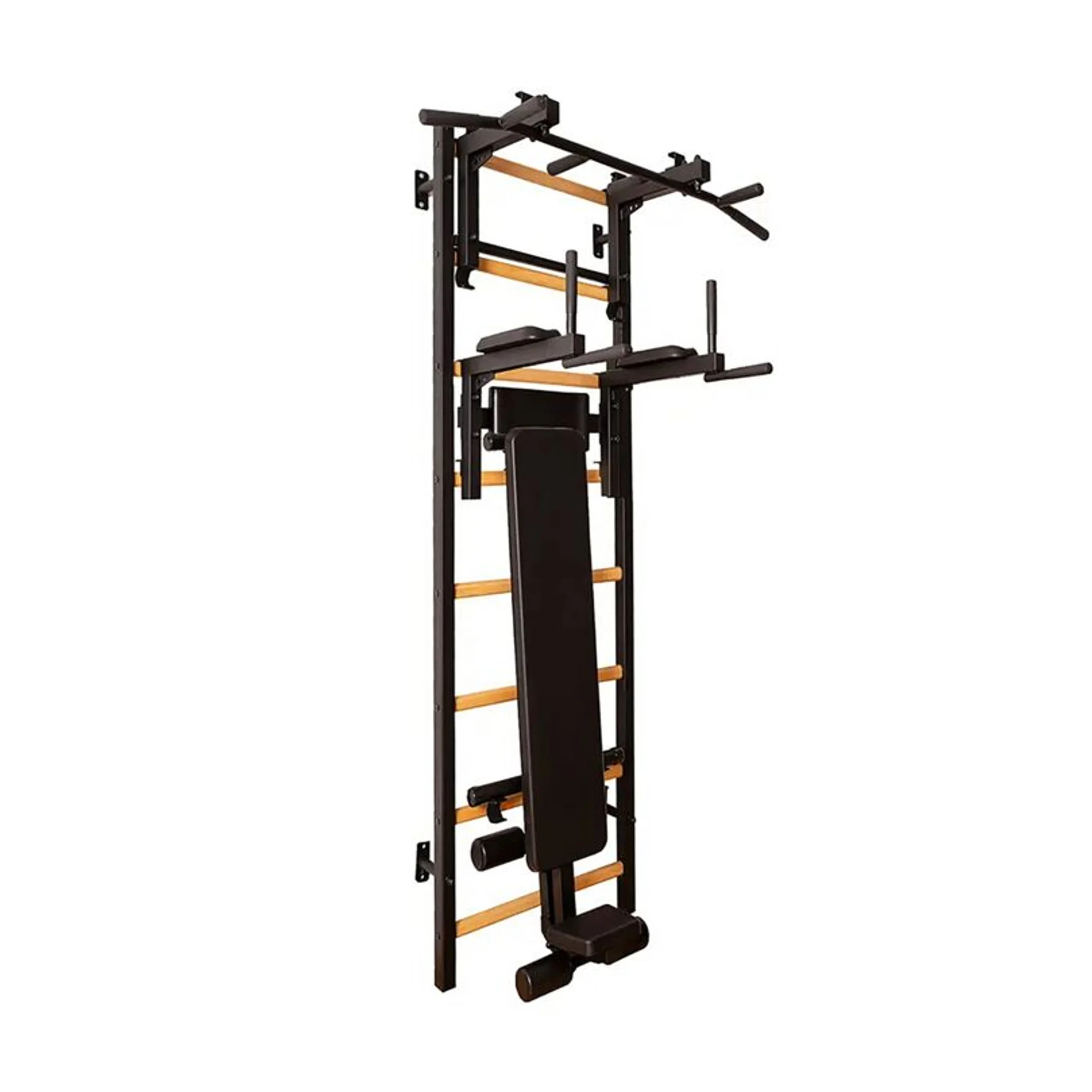  BenchK® Sprossenwand 233 mit Klimmzugstange, Dip-Bügel & Trainingsbank - Schwarz